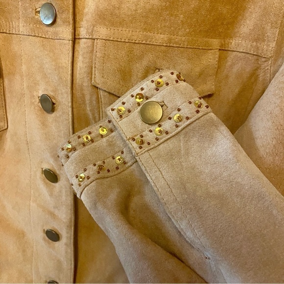 Tribal Suede Tan Leather Jacket With Gold Sequin & Beaded Trim, Womens size 10 - Picture 8 of 16